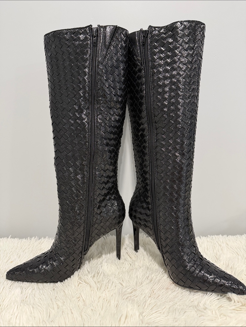 INC International Concepts Black Woven Pointed-Toe Knee Boots - Picture 2 of 8